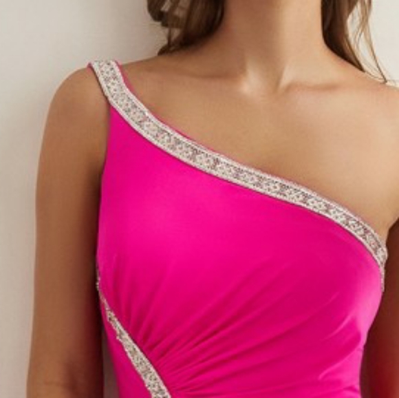 Low back fitted one shoulder long gown black, fuschia pink, blue - Picture 2 of 7